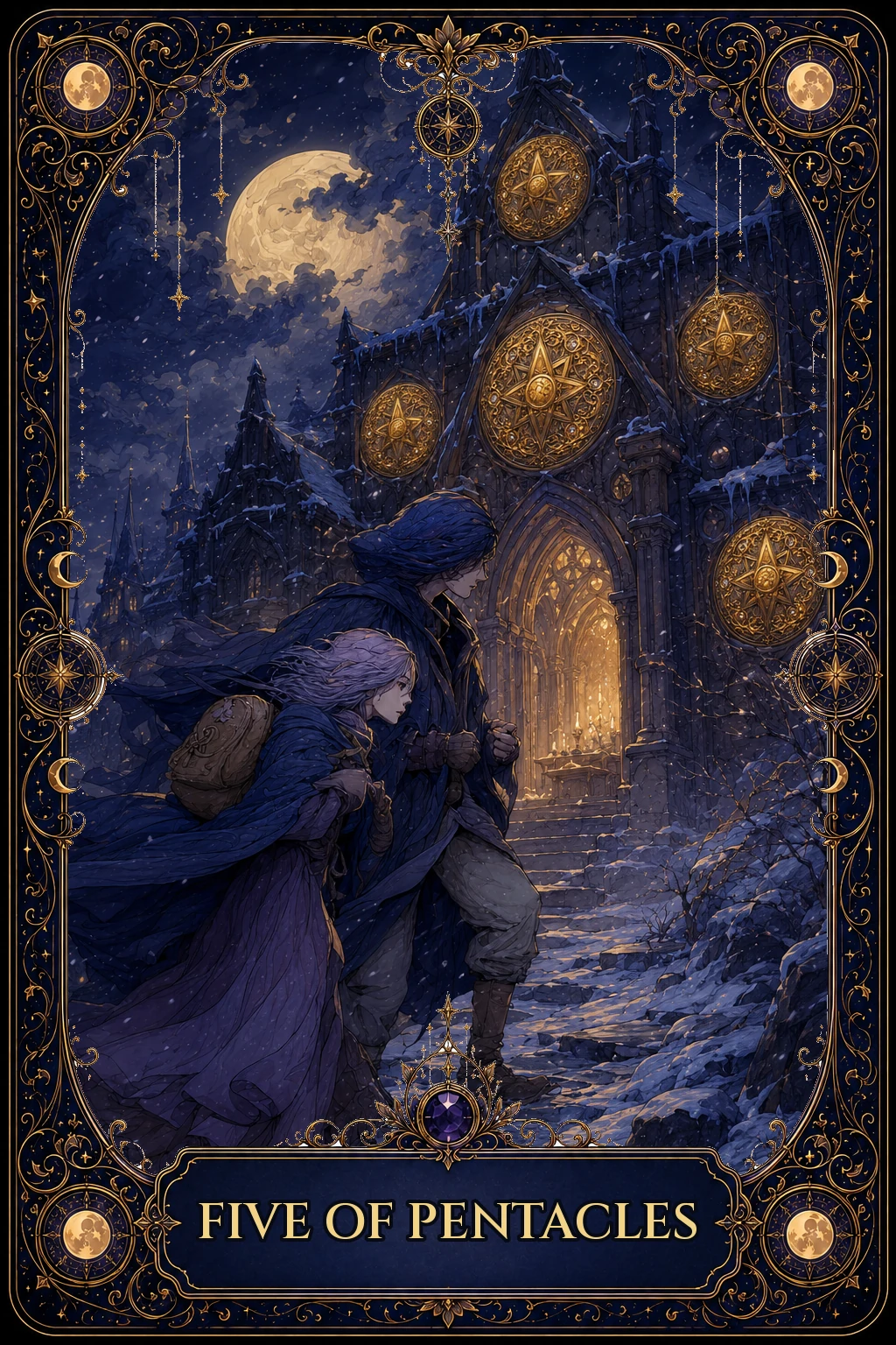 Five of Pentacles tarot card artwork