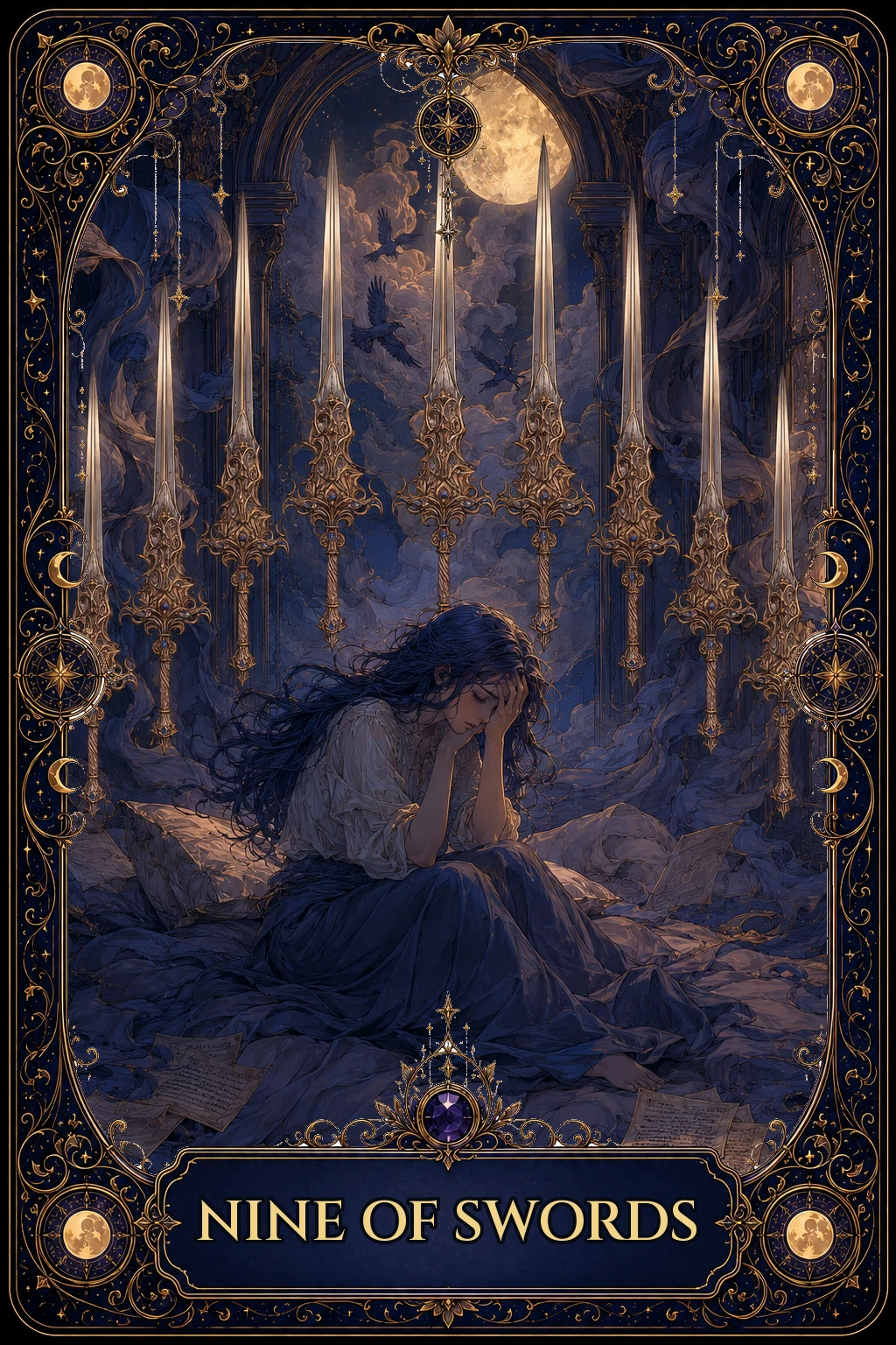 Nine of Swords tarot card artwork